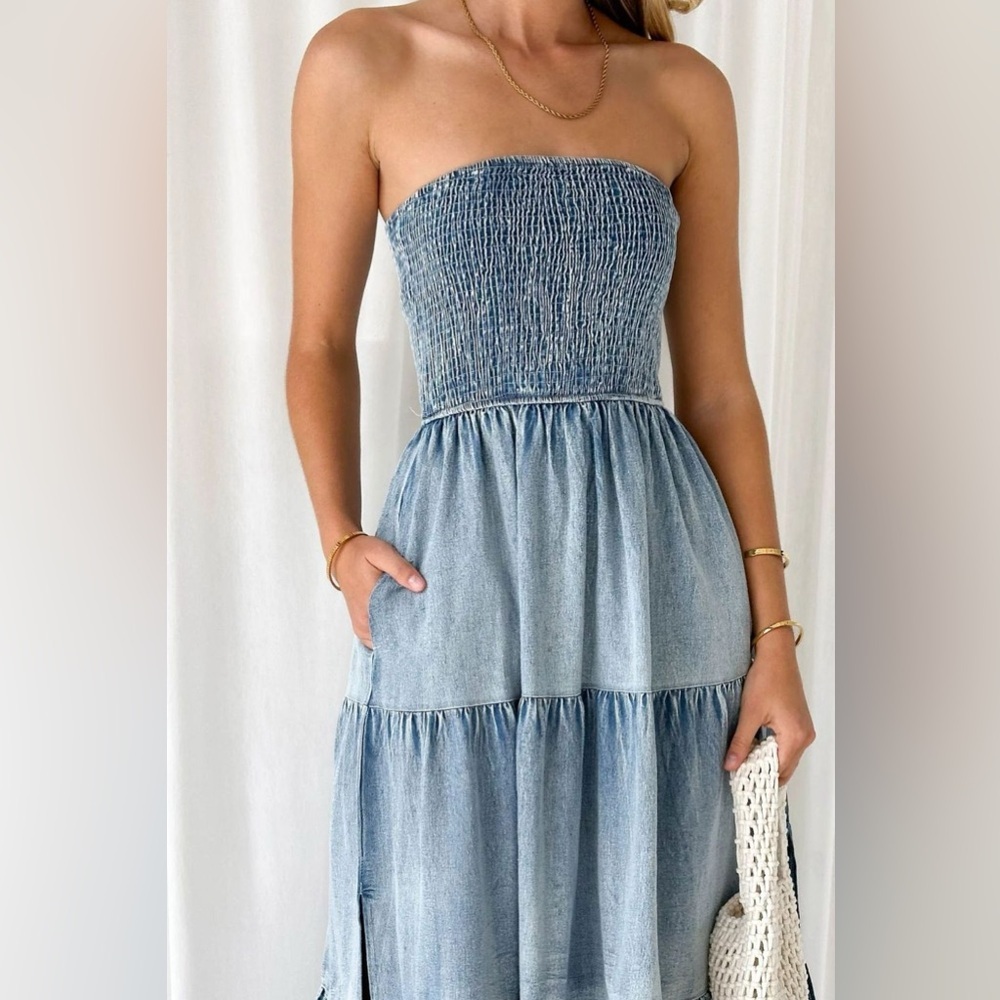 RISEN Smocked Tube Slit Tiered Elegant Blue Jean Strapless Midi Dress - Picture 8 of 8